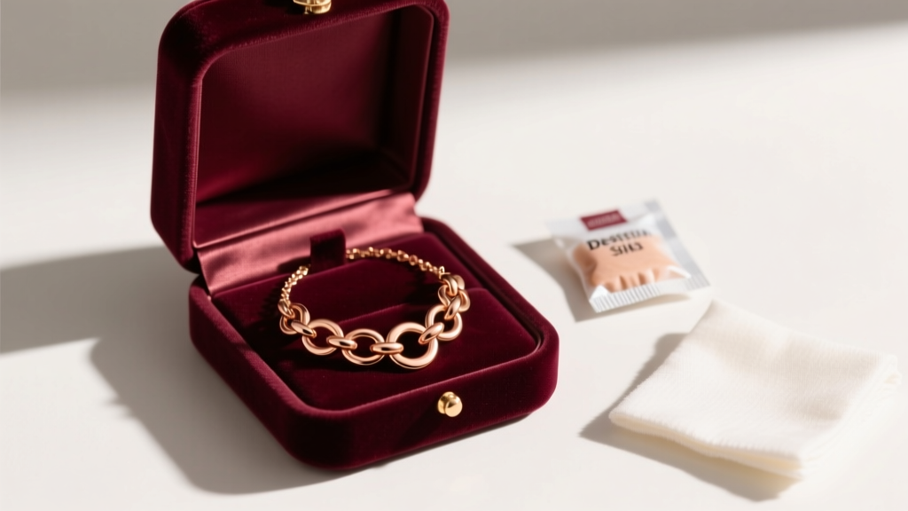 Velvet box with a rose gold initial bubble necklace coiled beside a silica packet and microfiber cloth under soft warm lighting