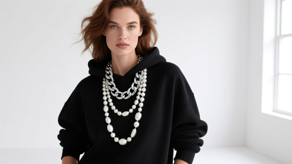 Model wearing a layered necklace stack with a thick silver Cuban chain and white baroque pearls over a black hoodie
