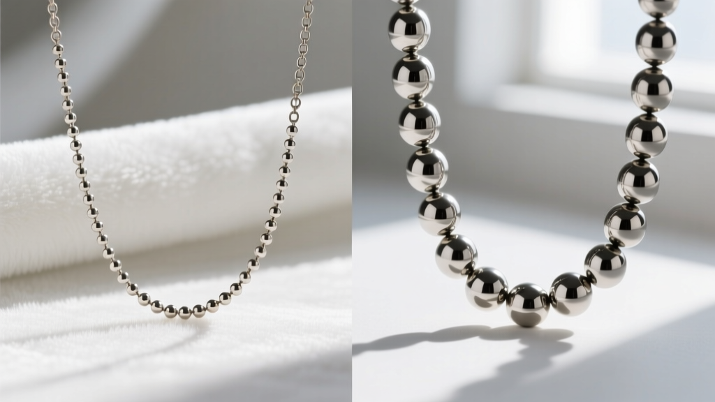 Side-by-side comparison of a 2.4mm hollow bead chain and a 4.5mm solid stainless steel ball chain necklace on white velvet.