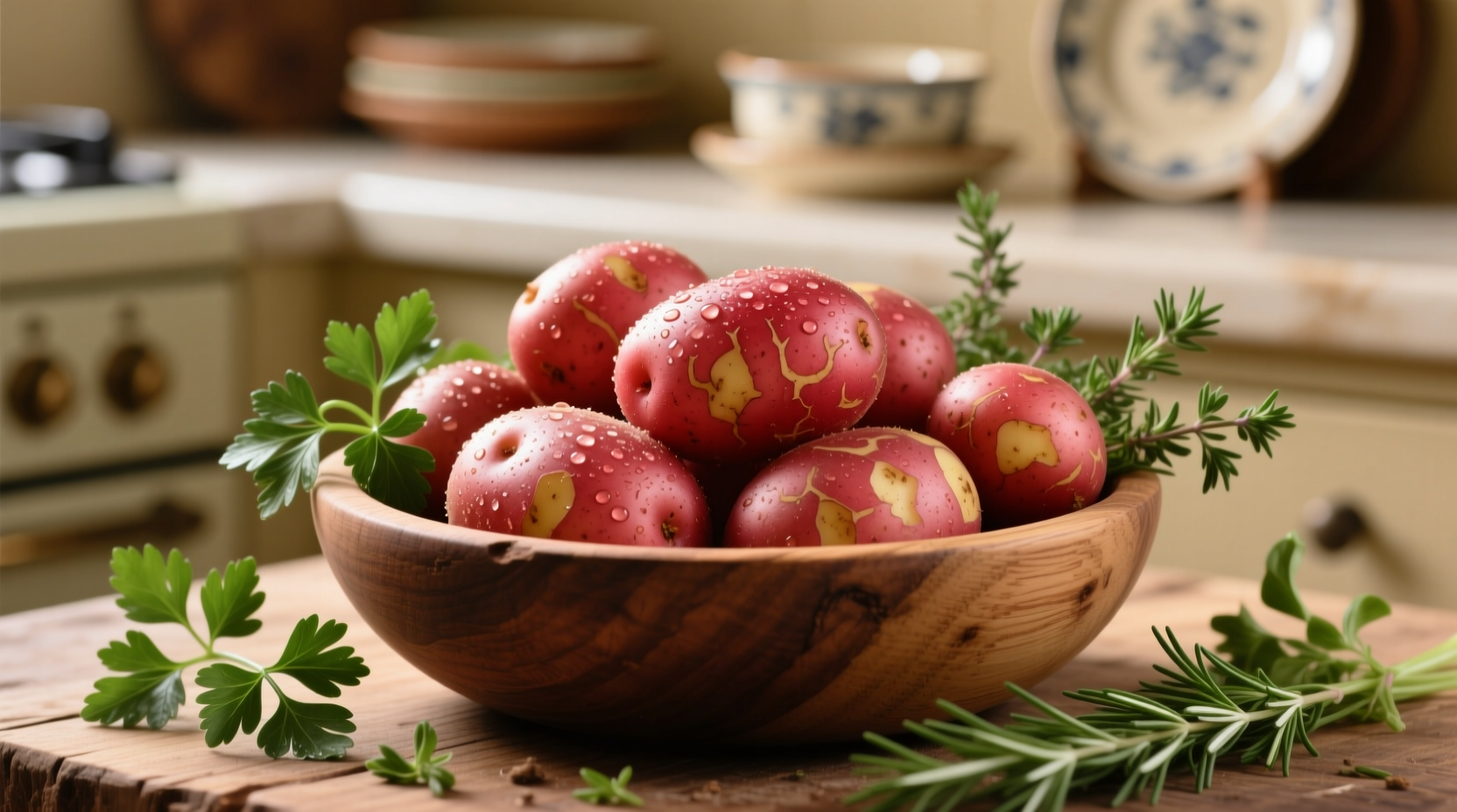 Fresh red potatoes in a wooden bowl with herbs