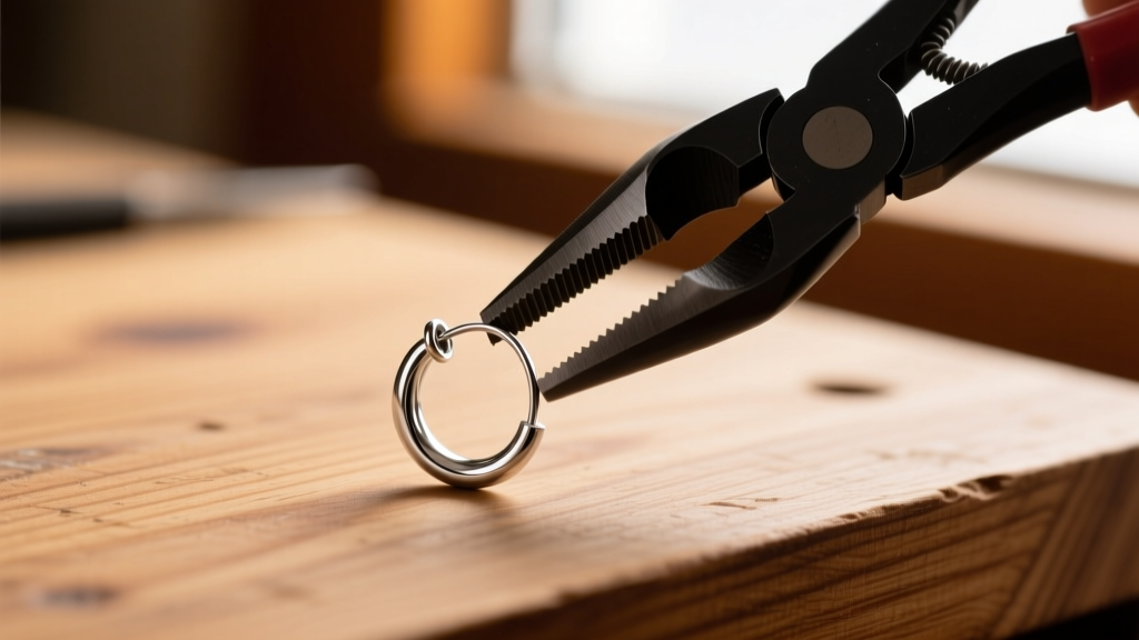 Macro shot of a bent 20-gauge sterling silver earring post straightened with nylon-jaw pliers on a wooden workbench.
