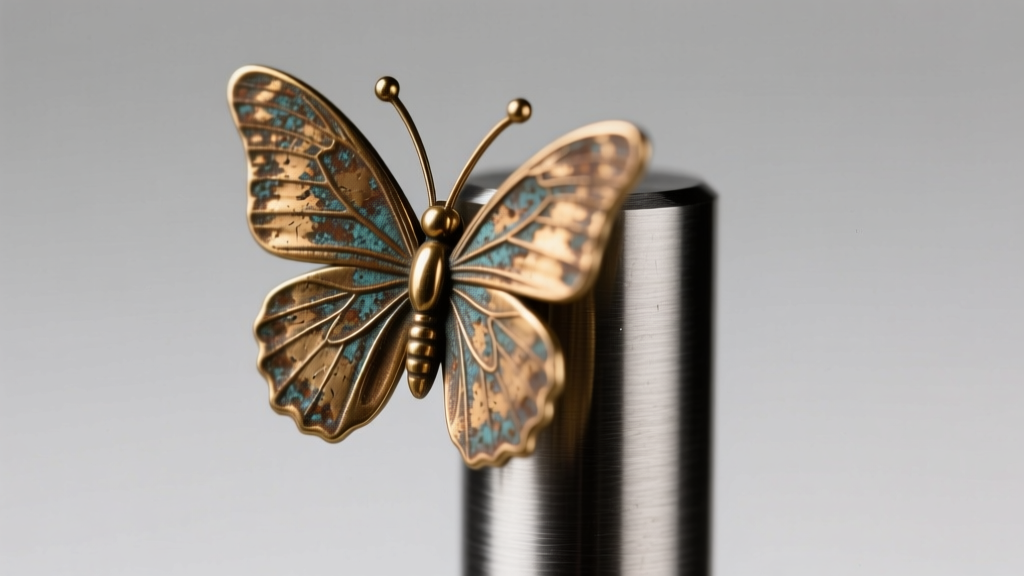 Macro photography of a tarnished brass butterfly earring back stuck on a steel post, illuminated by bright clinical lighting.