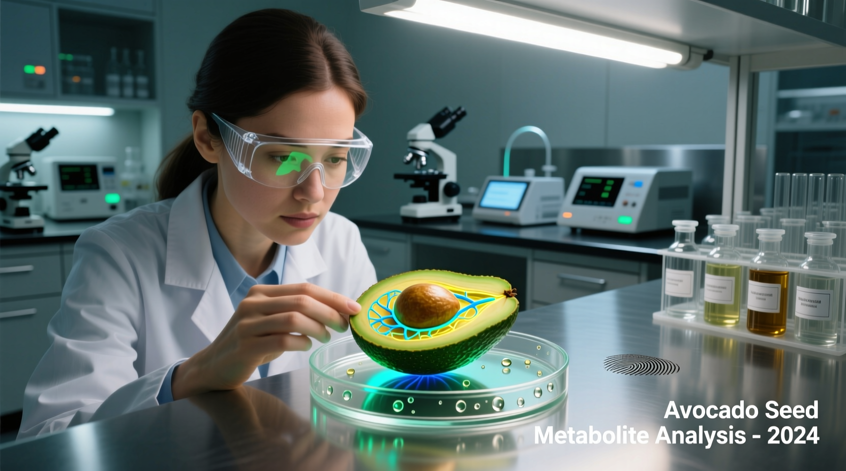 Scientist examining avocado seed compounds in laboratory