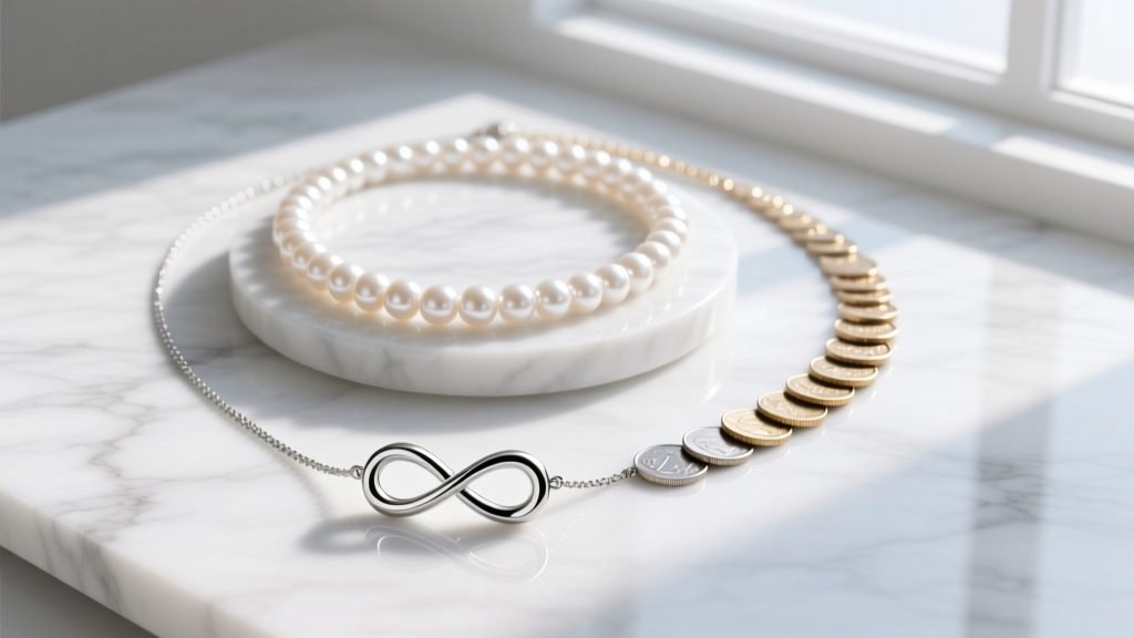 Flat lay of three layered necklaces featuring a silver infinity pendant, a pearl choker, and a long coin necklace on marble.