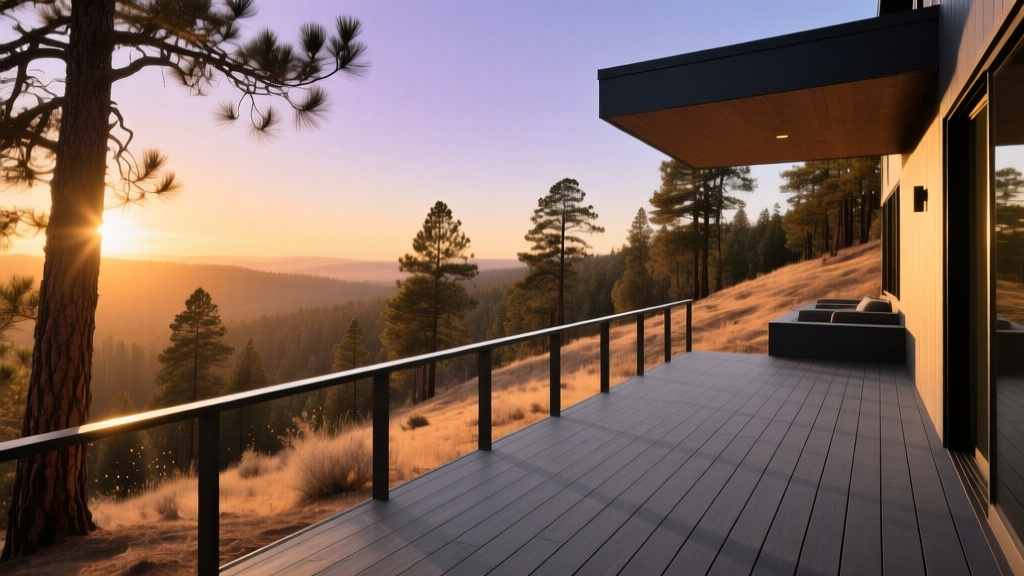 Modern backyard deck built with dark gray composite fire resistant material overlooking a dry pine forest hillside at sunset