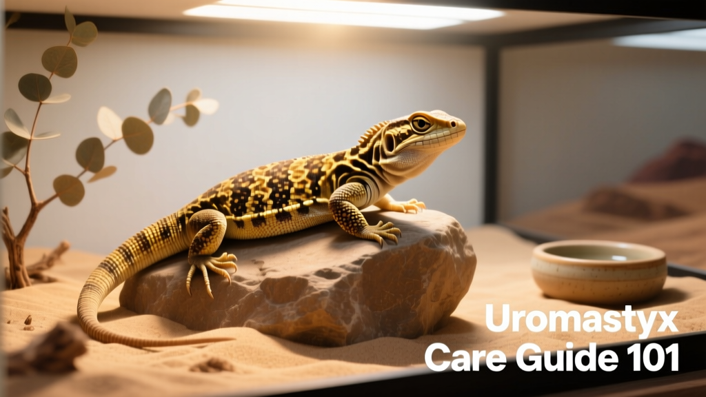 A healthy adult uromastyx basking on a warm rock under UVB lighting