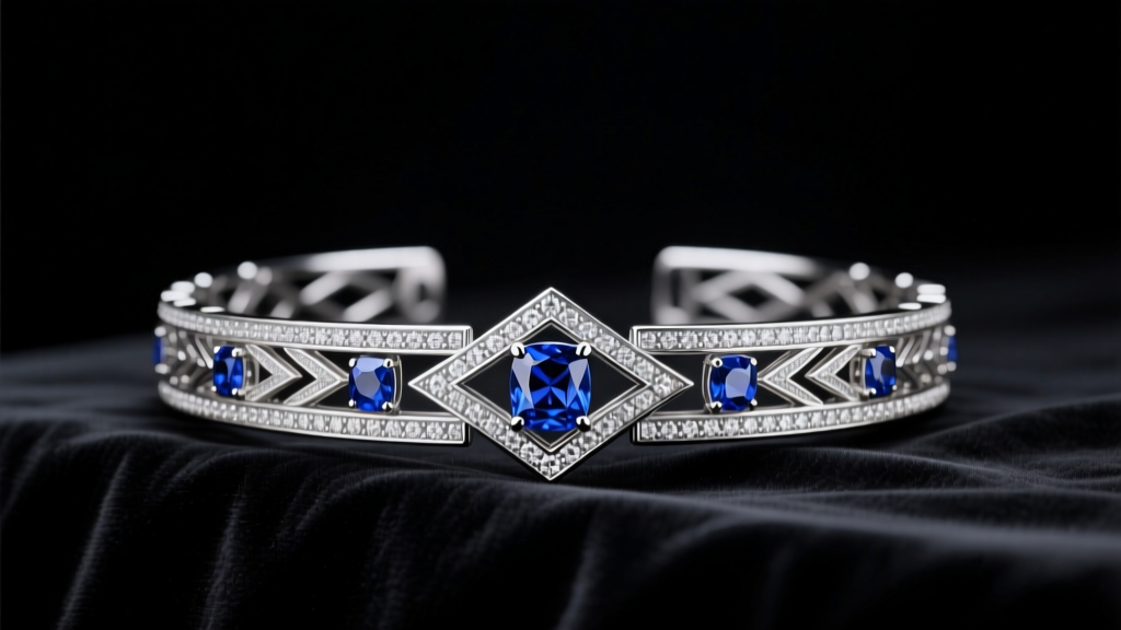 Art Deco platinum diamond and sapphire bracelet with milgrain detailing resting on dark velvet under bright gallery lighting.