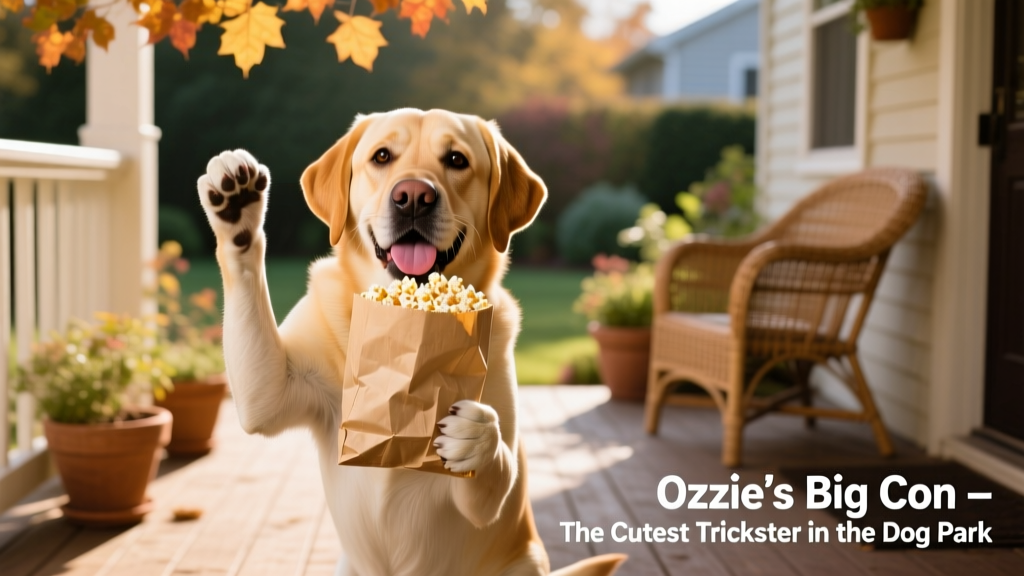 Ozzie the Labrador holding a small bag of popcorn in his mouth, looking eager and proud