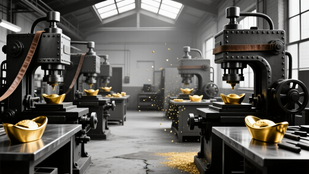 Archival black and white photo of a 1950s jewelry factory floor showing hydraulic stamping presses and gold ingots on workbenches.