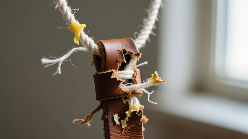Extreme close-up of a fraying leather necklace tie end where cheap glue has failed, exposing the raw cord interior
