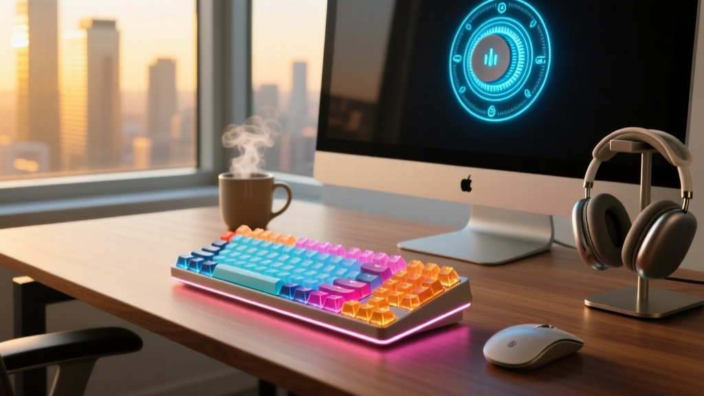 A sprawling 2026 desk setup featuring a custom 65 percent mechanical keyboard with translucent keycaps and a glowing macro dial