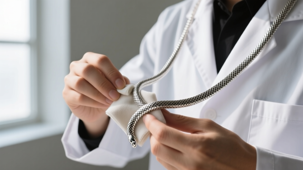 Jeweler using a microfiber polishing cloth to gently clean the intricate grooves of a tarnished 925 silver snake chain necklace.