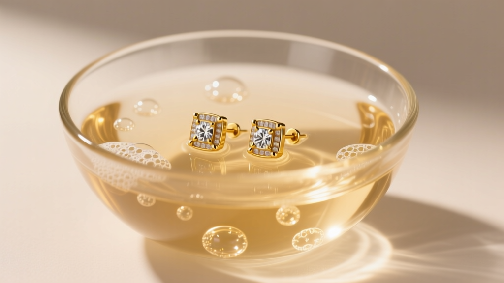 Glass bowl of warm soapy water submerging 18k gold stud earrings, showing gentle cleaning bubbles under soft, warm studio lighting.