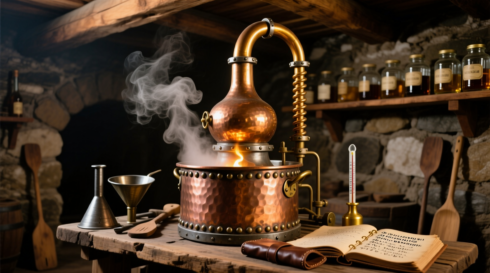 Traditional copper still used for potato vodka distillation
