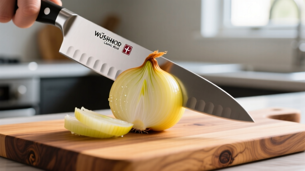 Close-up of a Wüsthof Classic Ikon 8-inch chef knife precisely dicing yellow onions on an end-grain walnut cutting board.