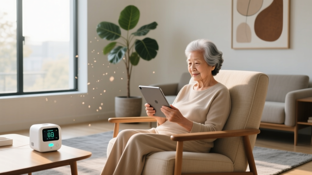 Elderly woman sitting in a sunlit living room armchair using a tablet to check her smart medication dispenser status