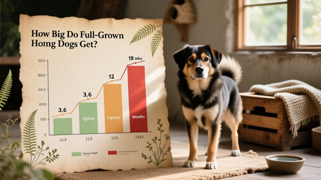 Infographic-style chart showing Hmong Dog size milestones: height/weight ranges at 3, 6, 12, and 18 months, with color-coded healthy zones