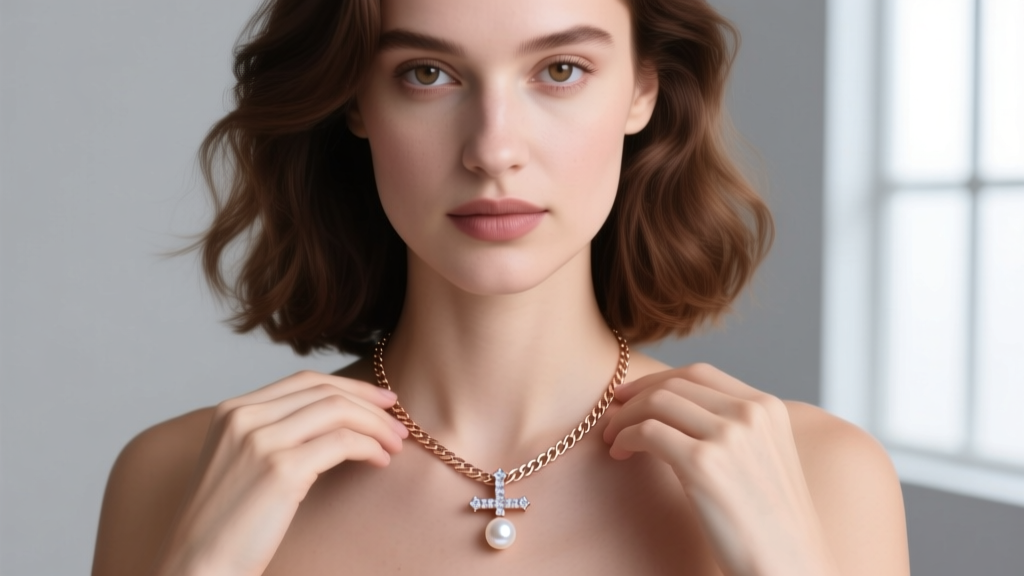 A woman layering a tiny rose gold diamond cross necklace with a plain herringbone chain and a small pearl pendant in studio light