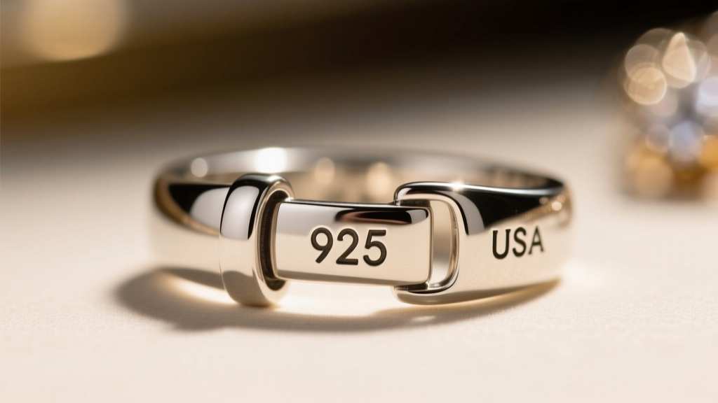 Close-up of a 925 and USA hallmark stamped on a sterling silver pendant clasp, brightly illuminated by a jeweler