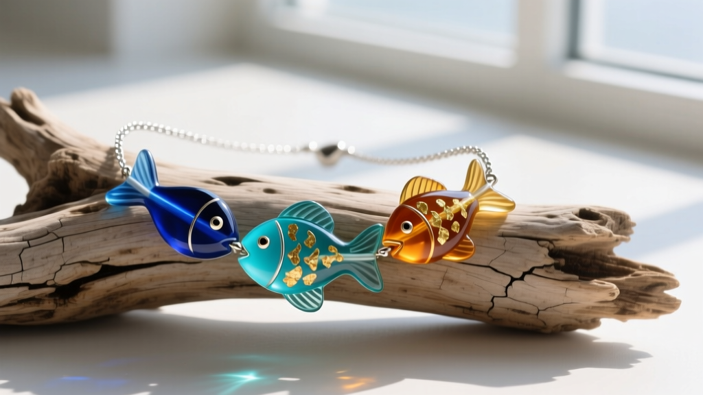 Vibrant Murano glass fish bead necklace on weathered driftwood, featuring gold foil inclusions and a delicate 1.2mm silver chain.
