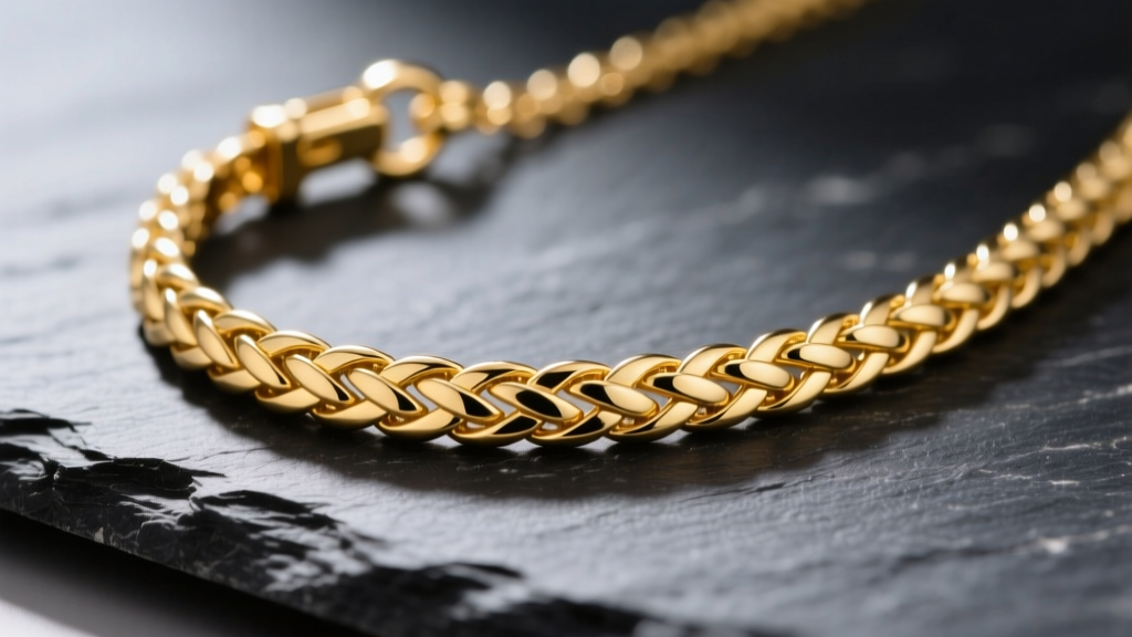 Macro shot of a 14k yellow gold foxtail necklace on dark slate, highlighting the V-shaped woven links and a secure lobster clasp