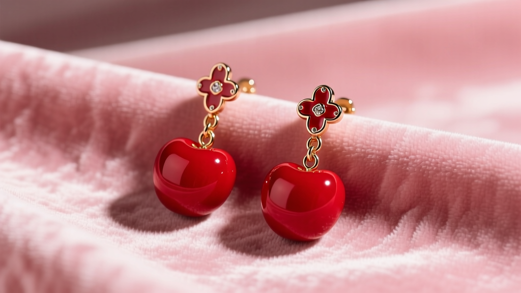Flat lay of vibrant red enameled Betsey Johnson cherry drop earrings resting on vintage pink velvet, soft studio lighting, macro.