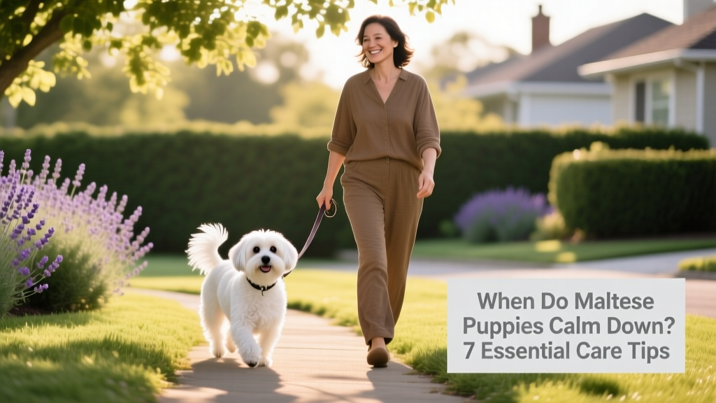 Happy adult Maltese walking calmly beside owner on a leash, tail gently wagging