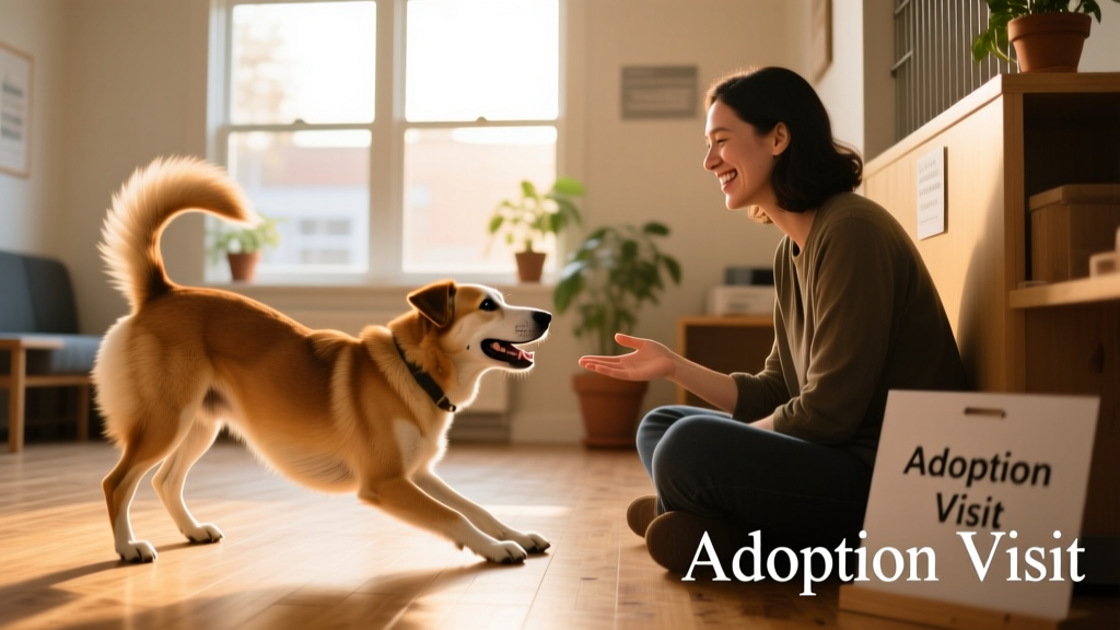 A shelter dog play-bowing—front legs stretched forward, rear end raised—with a person sitting nearby, smiling but not reaching