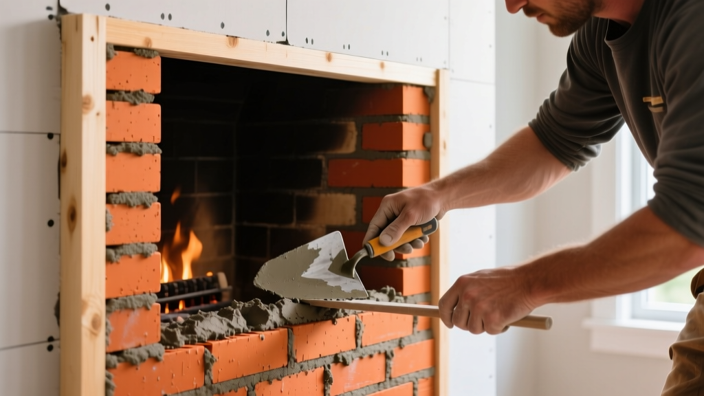 Mason troweling refractory mortar between orange firebricks inside a newly framed residential masonry fireplace firebox