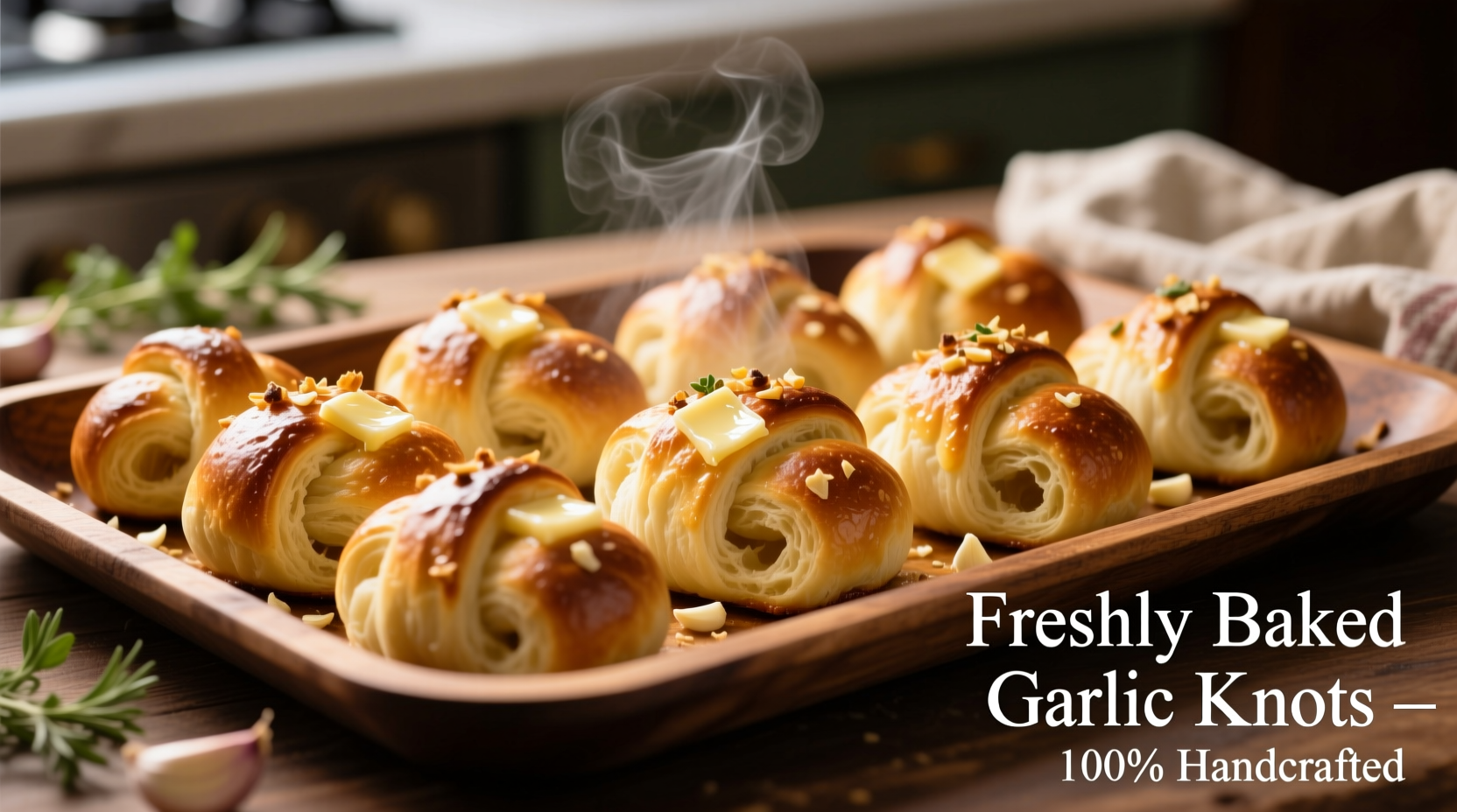 Freshly baked garlic knots on baking sheet
