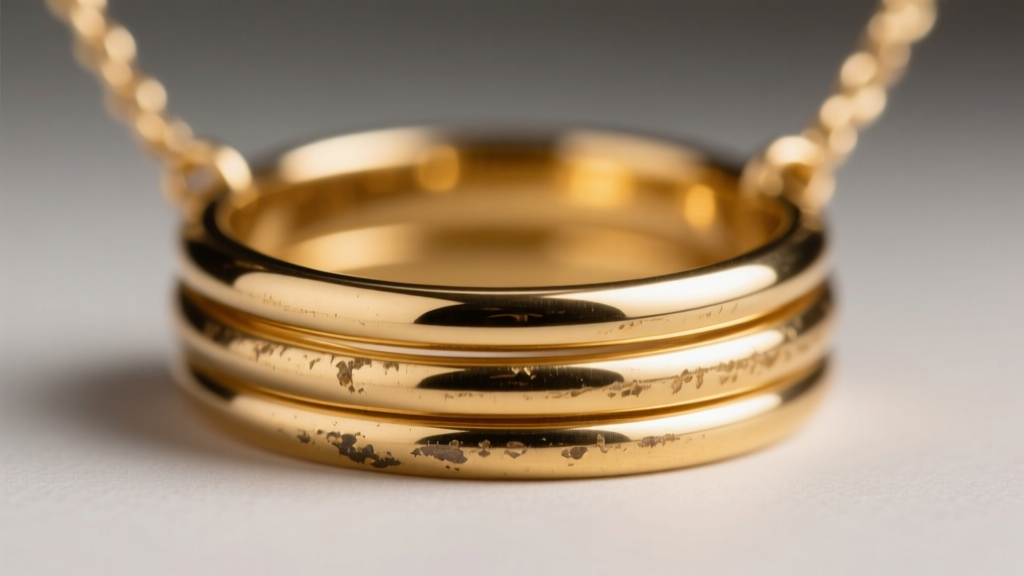 Macro photo of overlapping 18k gold rings from a necklace, showing visible friction wear and fading on the inner edges.