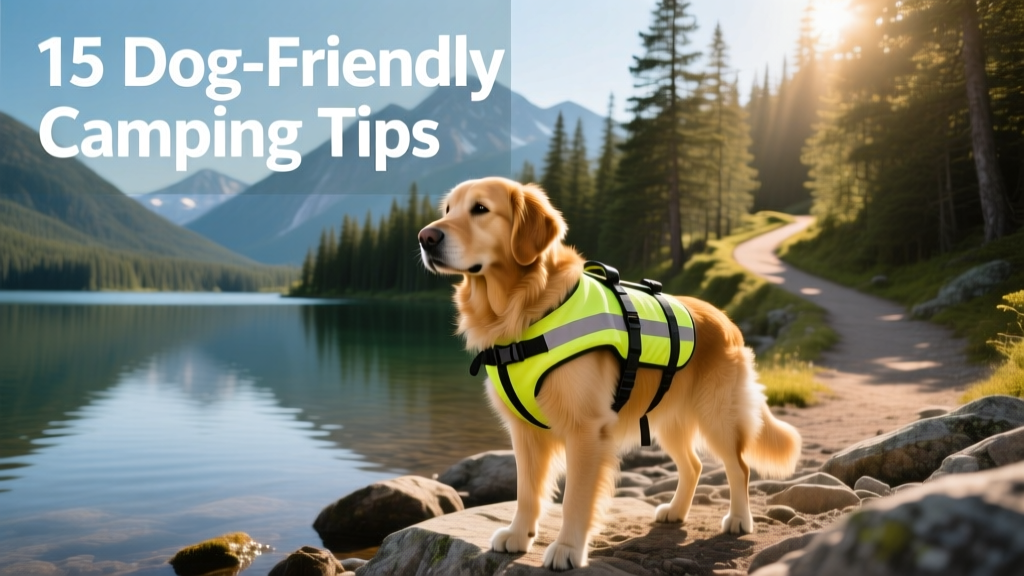 A dog wearing a reflective harness and life vest, standing confidently beside a lake with a hiking trail in the background