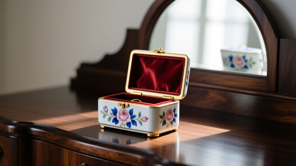Vintage Limoges porcelain china jewelry box with hand-painted floral motifs resting on a dark oak vanity in soft morning light.