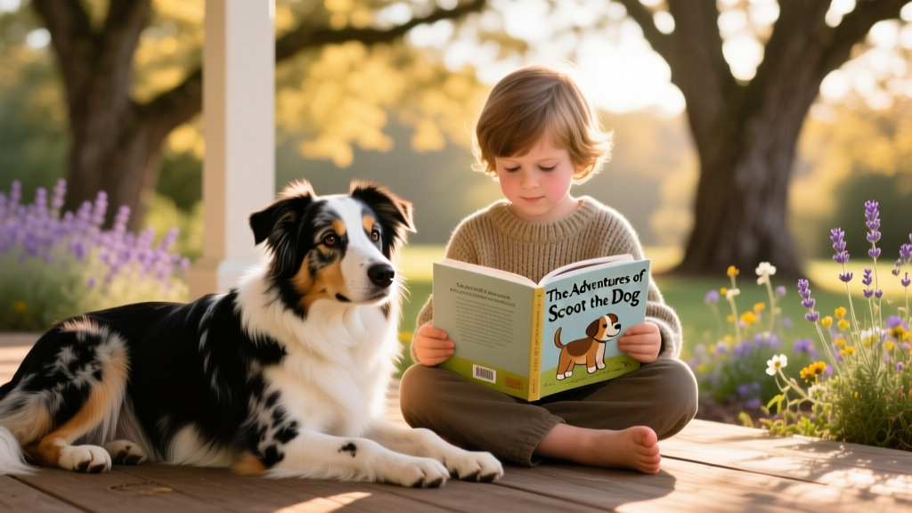 A calm Border Collie mix resting beside a child reading a book