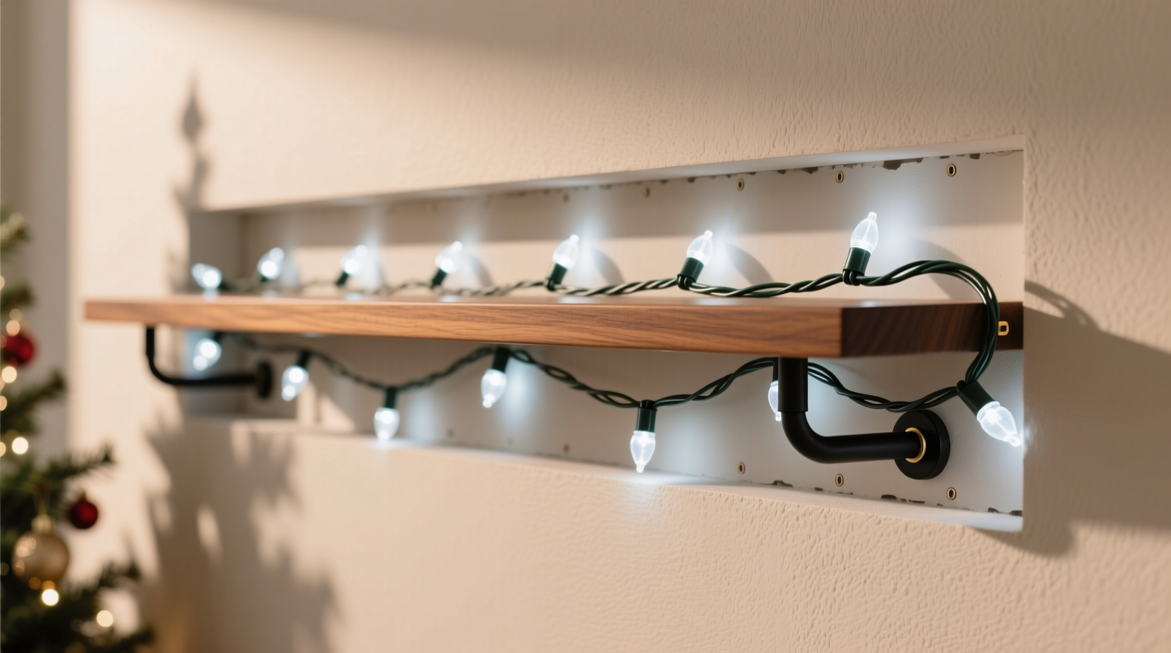 how to hide the wires of a floating shelf christmas light display cleanly