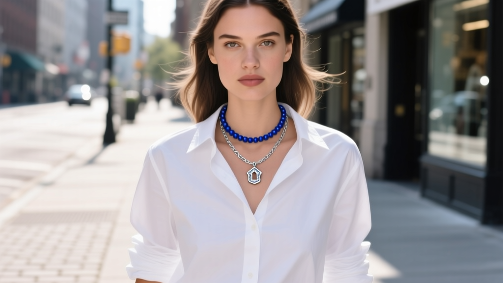 Street style portrait of a woman layering a 6mm beaded choker with a silver chain and home plate charm over a white button-down.