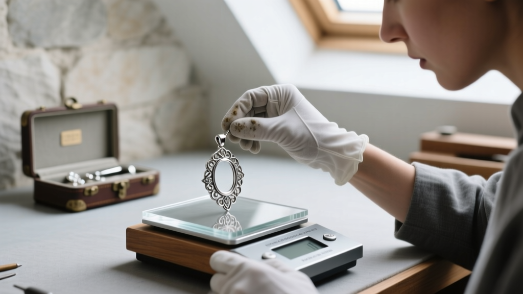 Jeweler using a digital specific gravity scale to test the density of an unmarked Edwardian era jewelry platinum pendant.