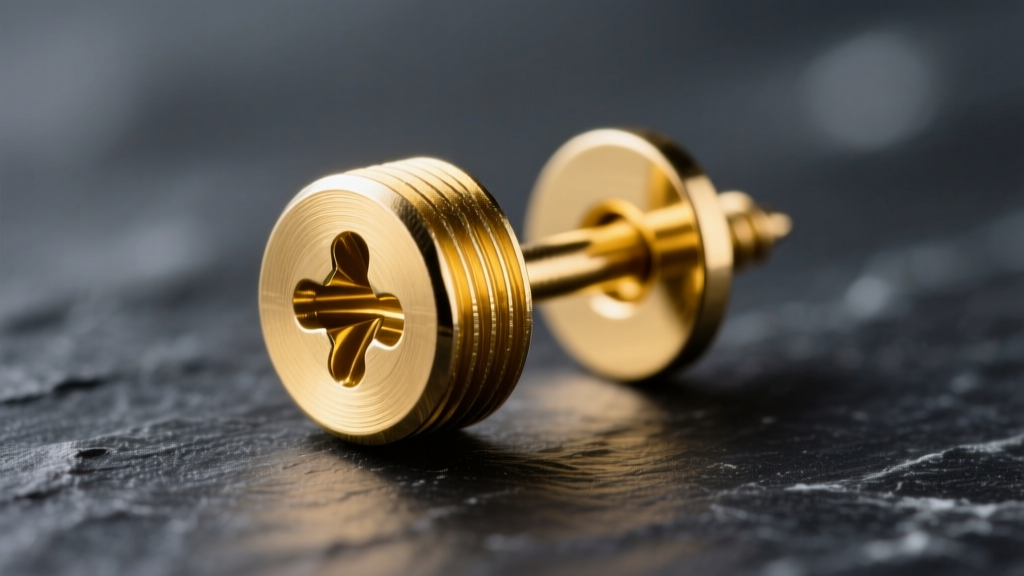 Macro shot of a 16-gauge 18k yellow gold screw back earring post showing precise machined threads against a dark slate background