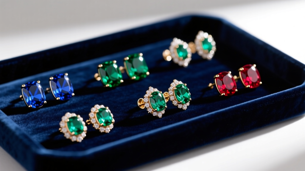 Macro shot of a velvet tray holding diverse stud earrings colours including sapphire blue, emerald green, and ruby red gems