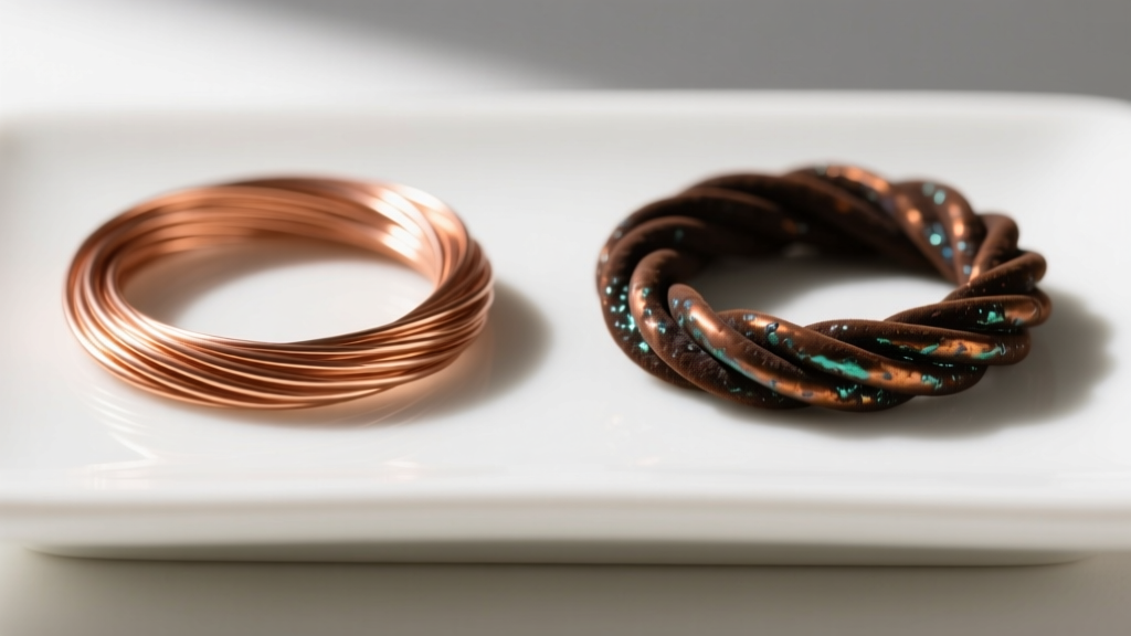 Liver of sulfur patina test showing raw bright copper wire next to oxidized dark brown copper wire on a white ceramic palette.