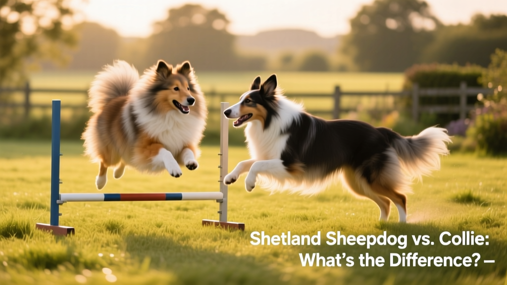 A Shetland Sheepdog and a Collie playing together on a grassy field during an agility session