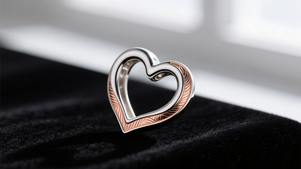 Macro photography of an oxidized sterling silver heart huggie earring with rose gold vermeil accents resting on dark velvet