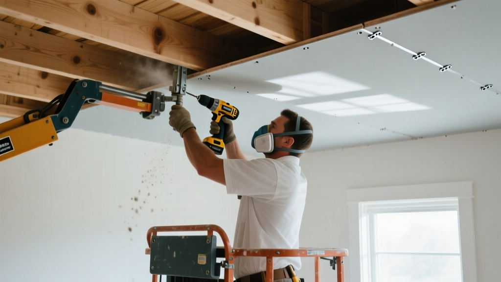 Drywaller securing half-inch gypsum board for ceiling to wooden joists using a mechanical lift in an unfinished residential room