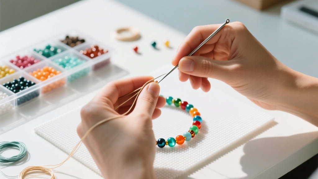 Hands restringing a DIY seed bead necklace using a beading needle, nylon thread, bead mat, and sorting trays in bright daylight.