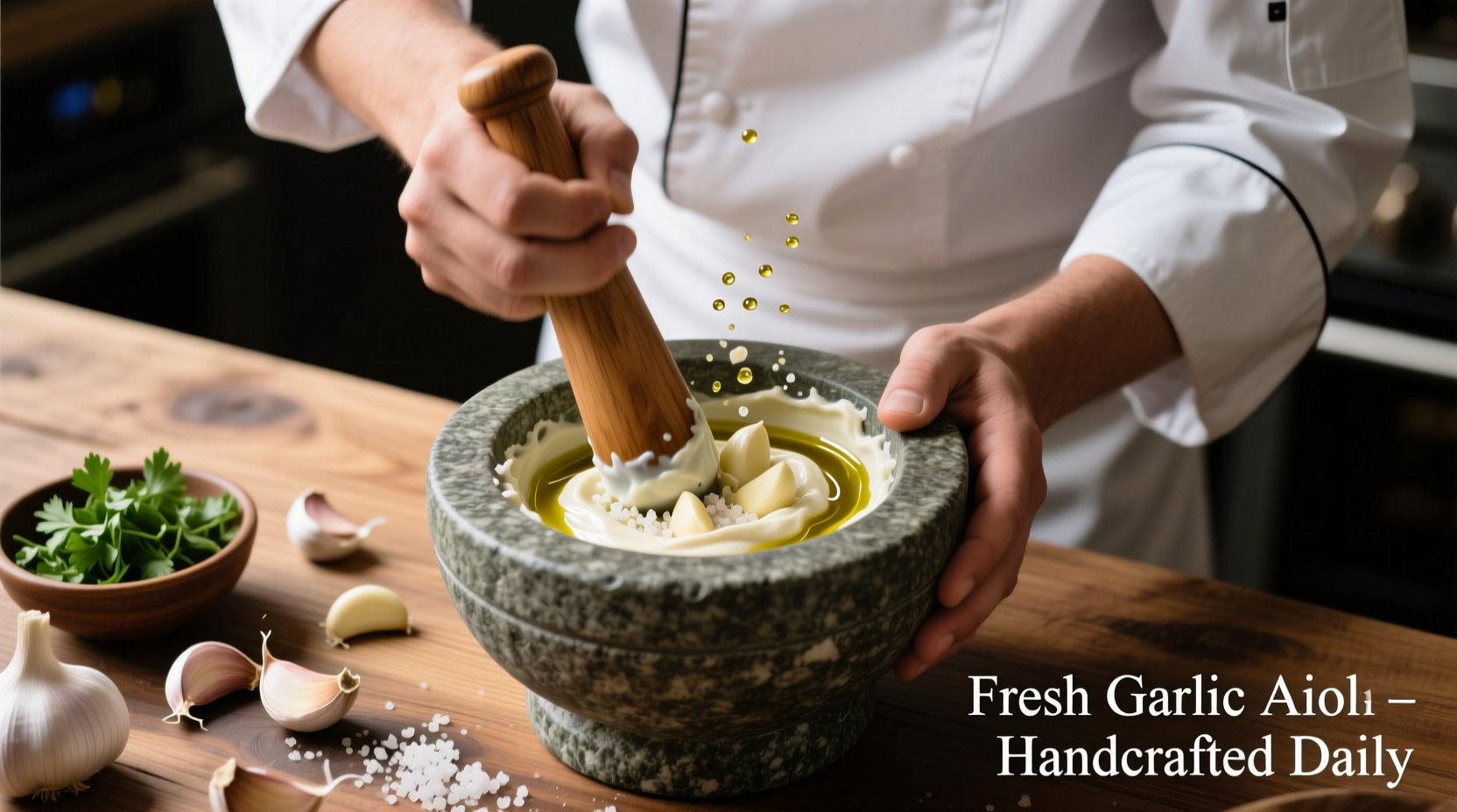 Chef preparing fresh garlic aioli in mortar