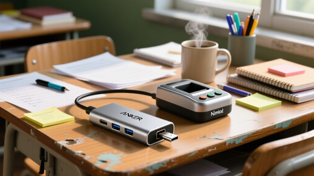 Close-up of Anker 341 USB-C hub and Niimbot D110 label maker sitting on a cluttered wooden teacher desk next to graded papers