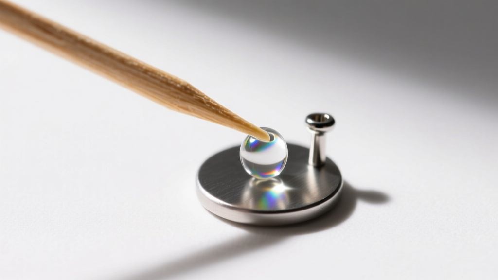 Overhead view of a wooden toothpick applying a tiny drop of clear two-part epoxy onto the flat metal pad of a stud earring post