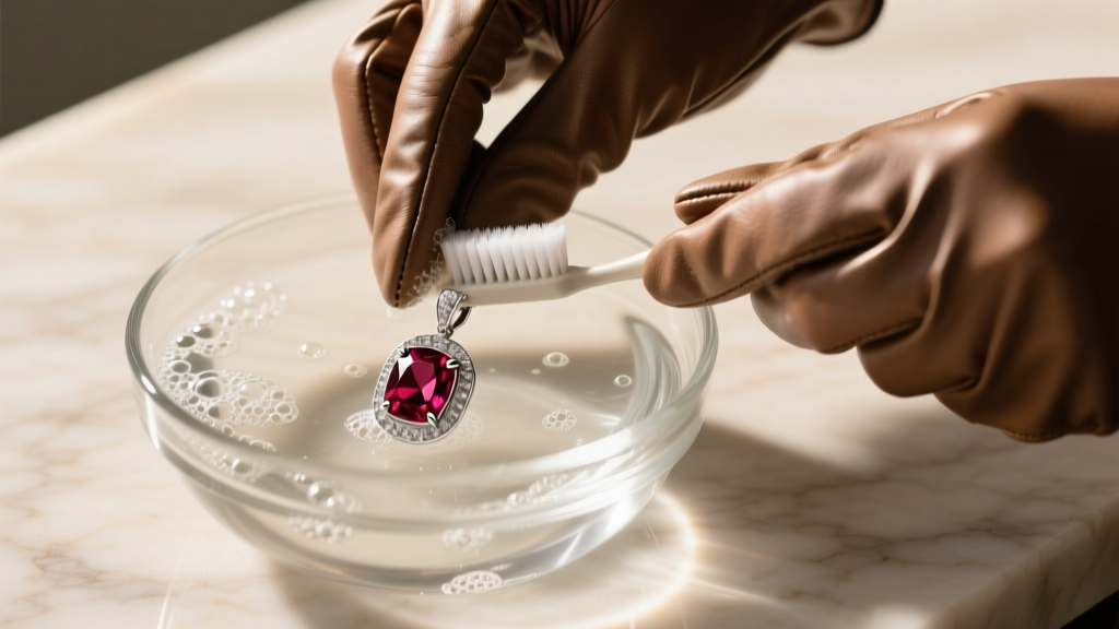 Hands in gloves gently scrubbing a silver ruby pendant with an extra-soft toothbrush in a bowl of lukewarm soapy water