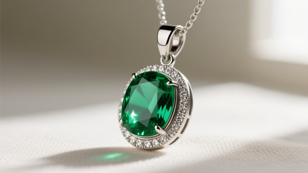 Side profile of a platinum bezel-set Zambian emerald necklace pendant, highlighting the protective metal rim and secure bail