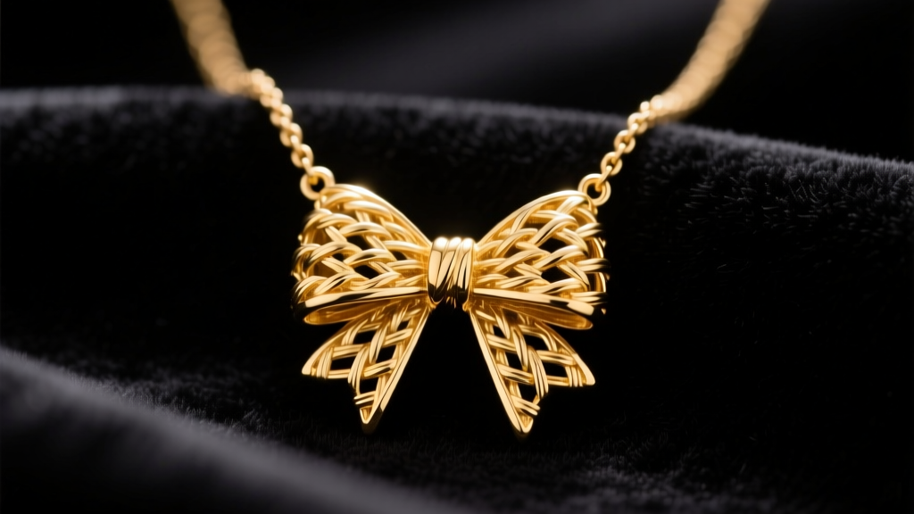 Close-up of a 14k solid gold bow necklace pendant on dark velvet, highlighting intricate metal weaving and soft studio lighting.